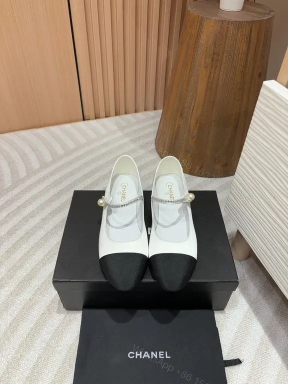View 6 of Chanel-Style Two-Tone Mary Jane Flats with Pearl Accent