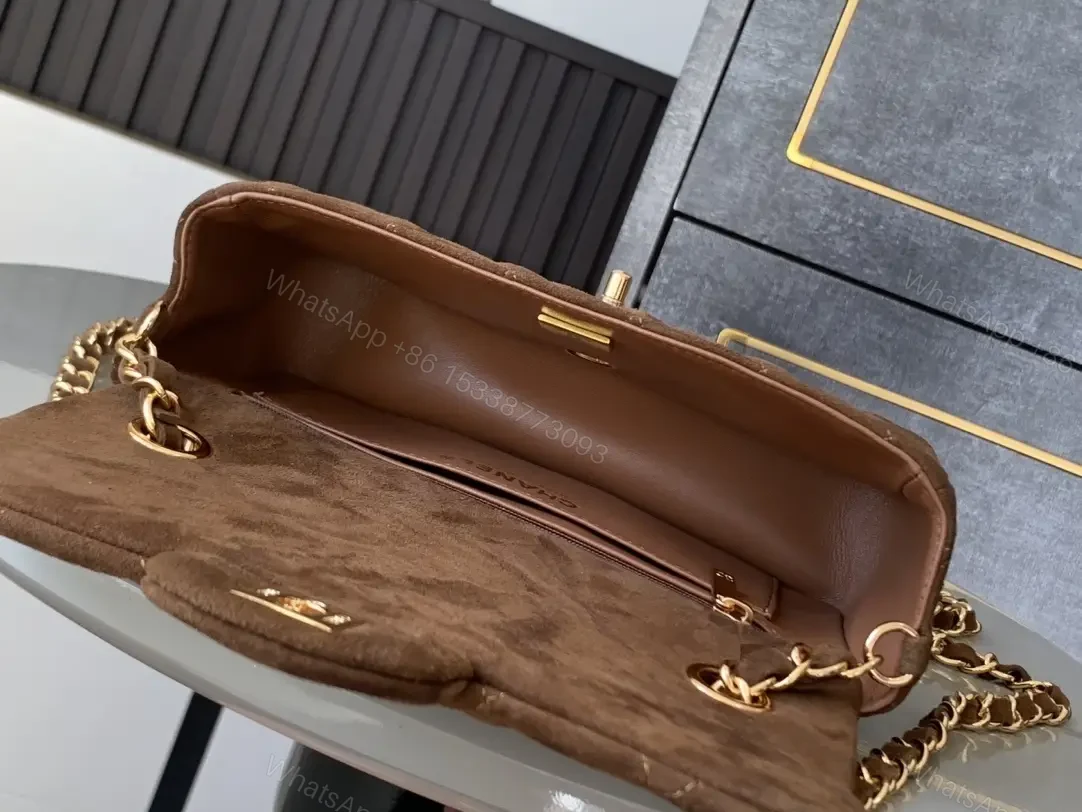 View 2 of Brown Suede Quilted Shoulder Bag with Gold Hardware