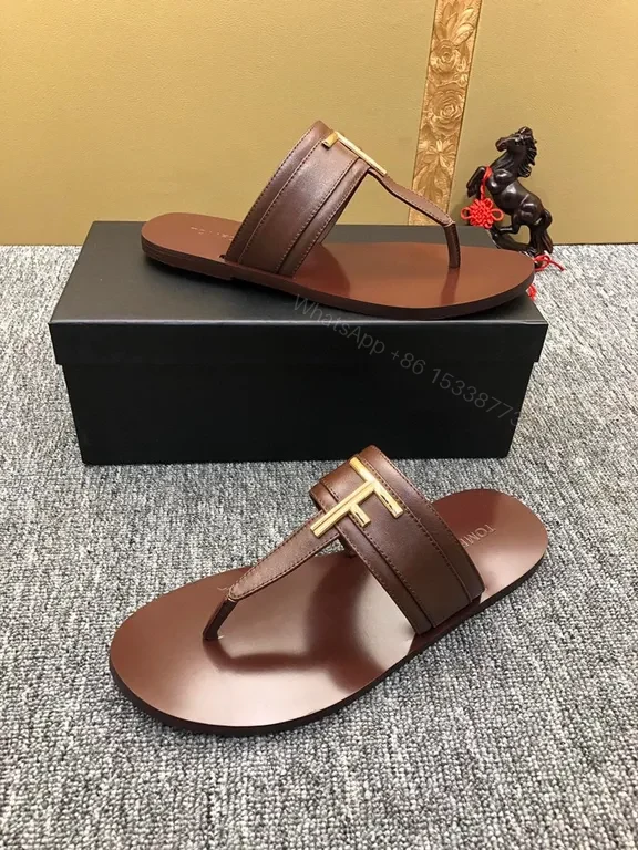View 9 of Brown Leather T-Bar Sandal with Gold Hardware - Tom Ford Style