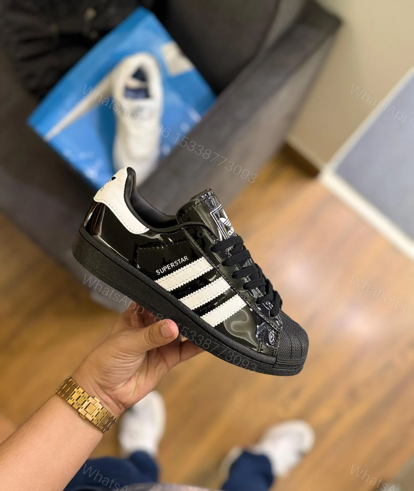 View 7 of First Copy Adidas Originals Superstar Atmos Black Patent Sneakers for Men