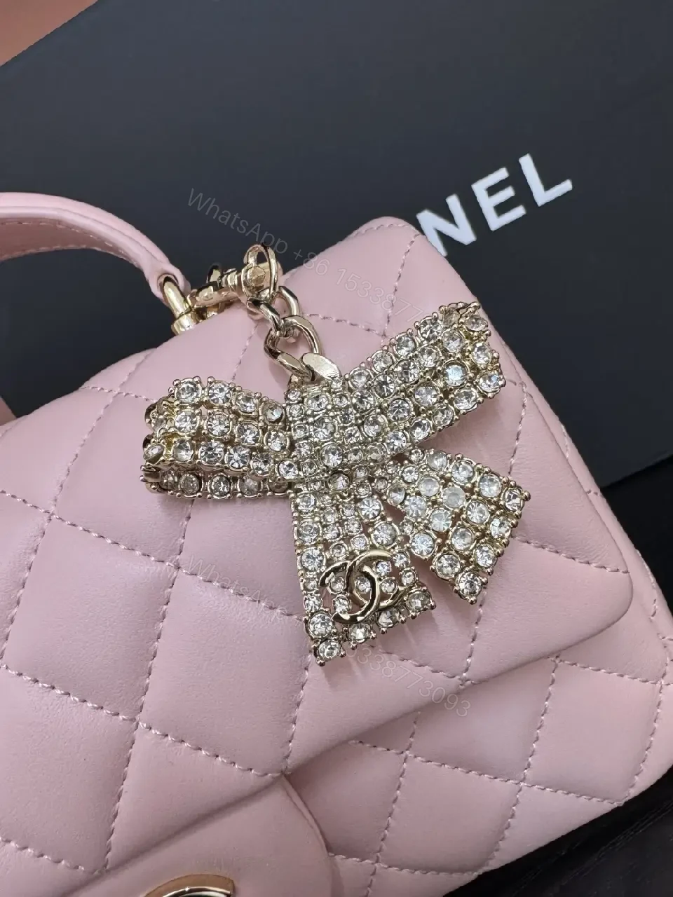 View 6 of Pink Quilted Mini Flap Bag with Crystal Bow Accent (No Brand)