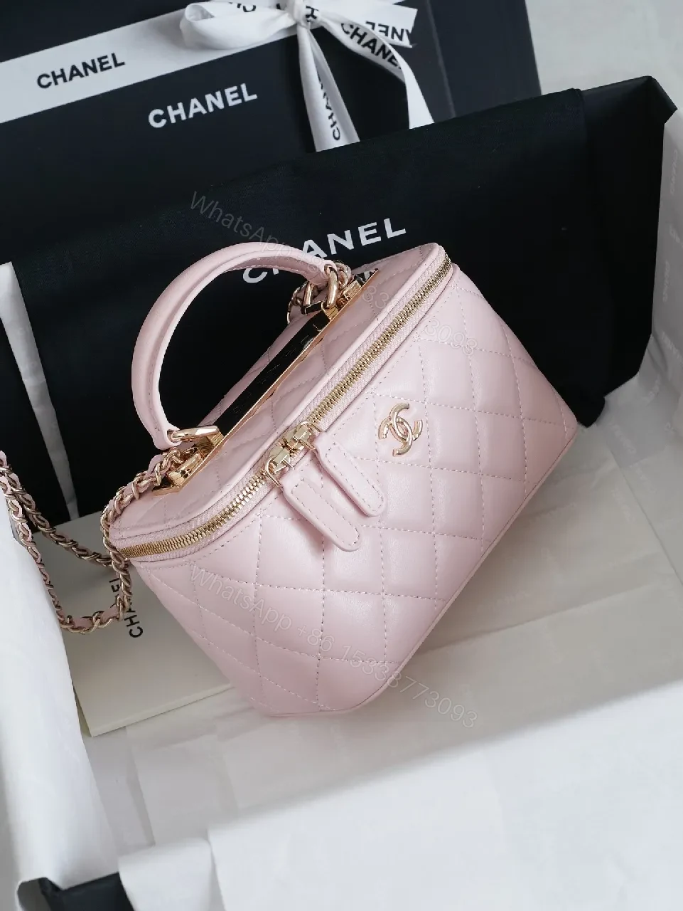 View 9 of Pastel Pink Quilted Mini Bag with Gold Hardware