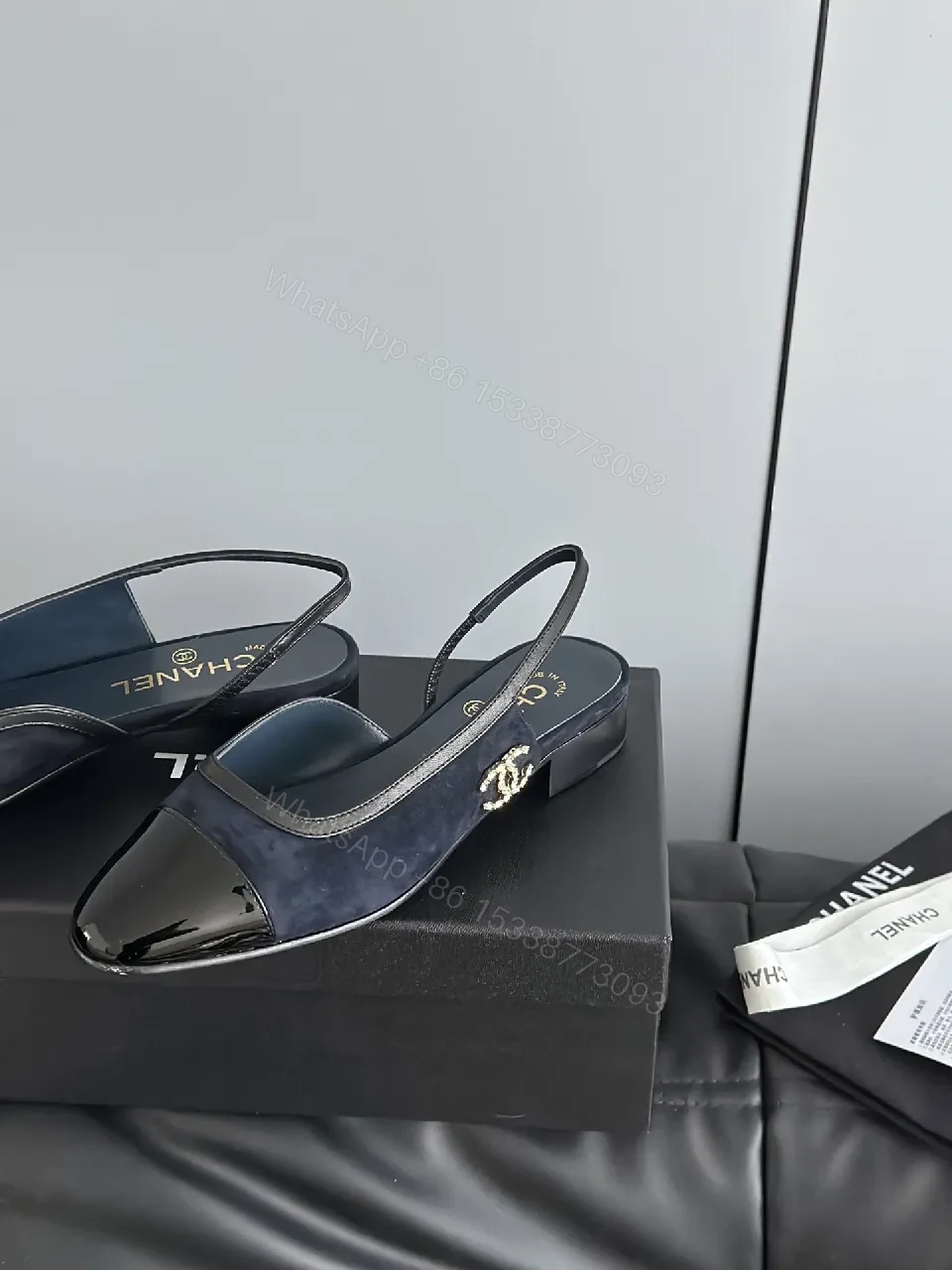 View 5 of Lux Satin Sling-Back Sandals: Navy with Logo Accent
