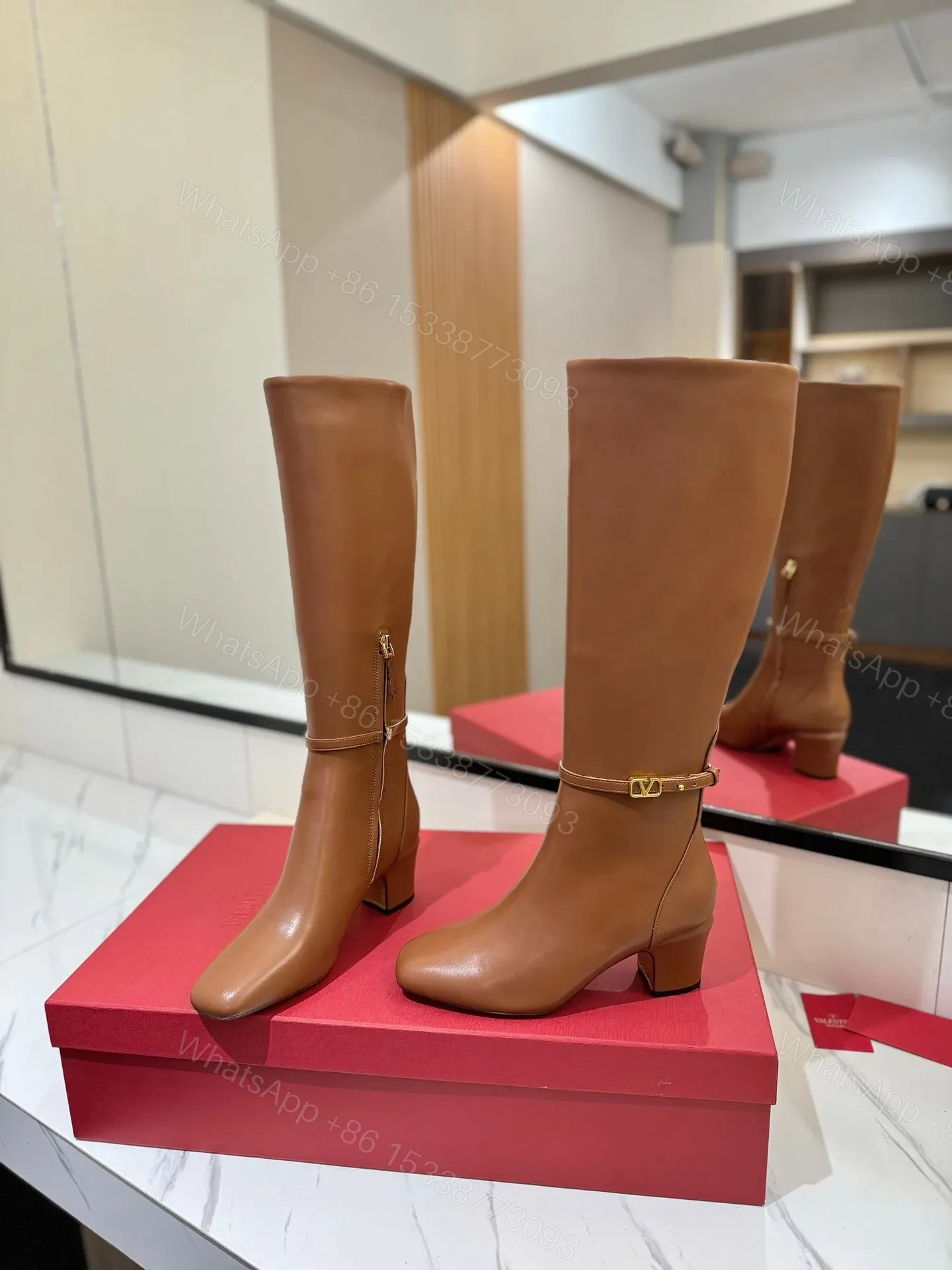 View 2 of Valentino Women Tan Leather Mid-Calf Boots