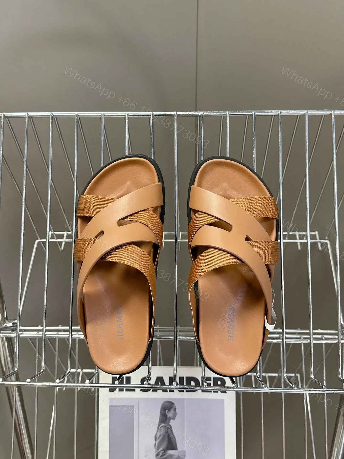 View 2 of Hermes Women Tan Leather And Fabric Sandals