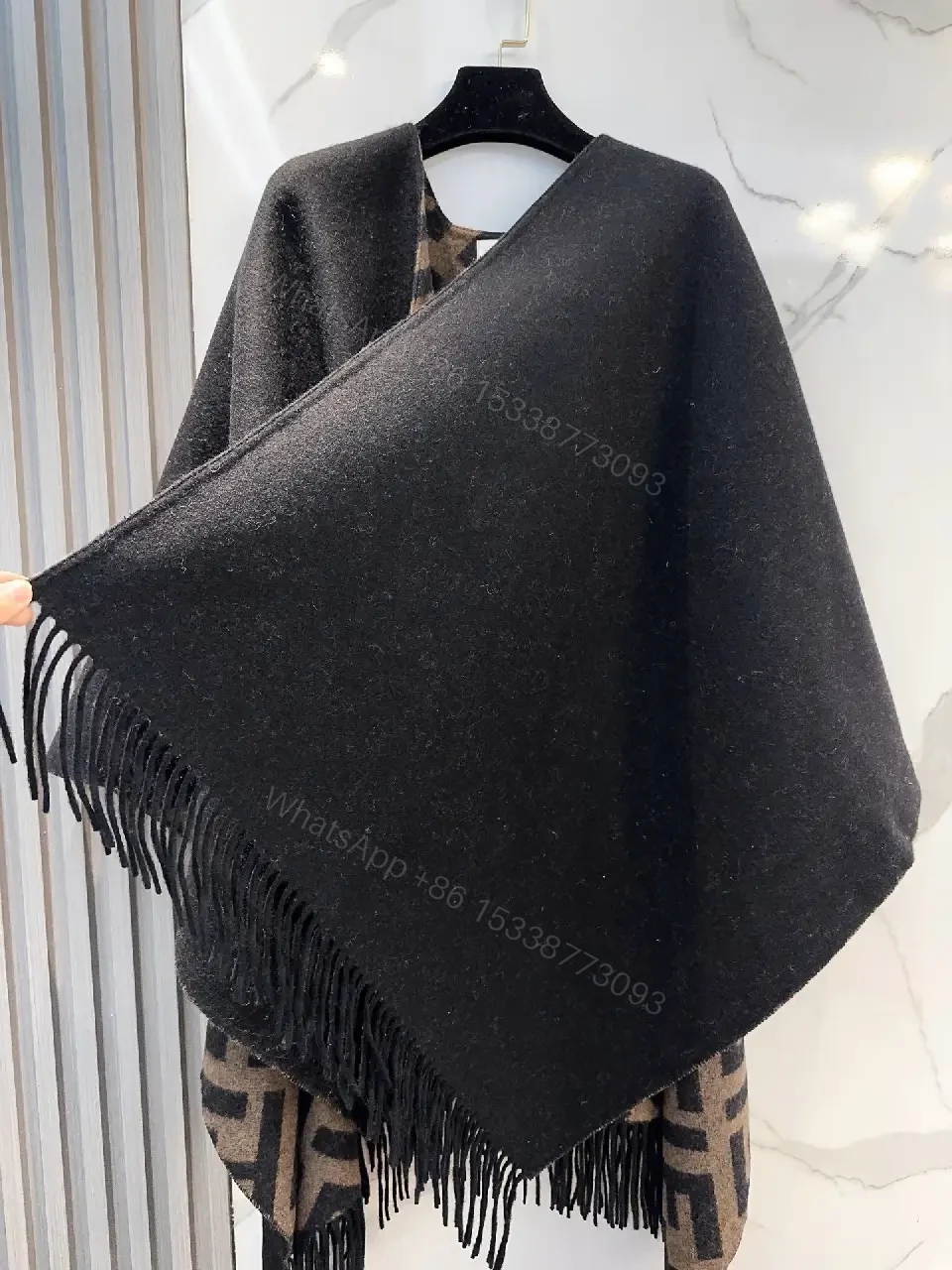 View 4 of Chic Monogram Wool Poncho with Fringe Details