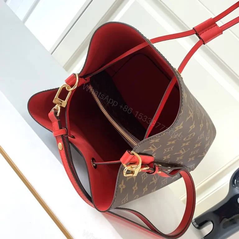 View 5 of Louis Vuitton-Style Monogram Bucket Bag: Red Leather Drawstring, Tote-like Versatility