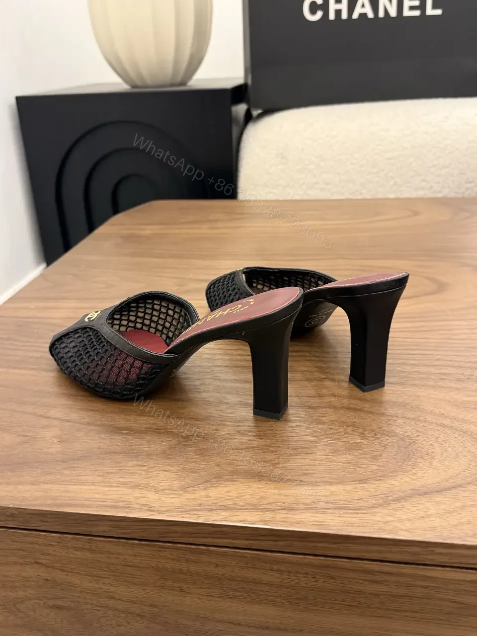 View 6 of Black Mesh Leather Mule Chanel Style Heels