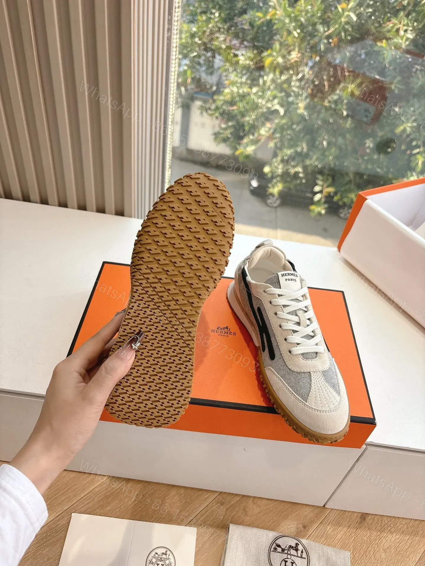 View 2 of Hermes Women White Suede And Mesh Sneakers
