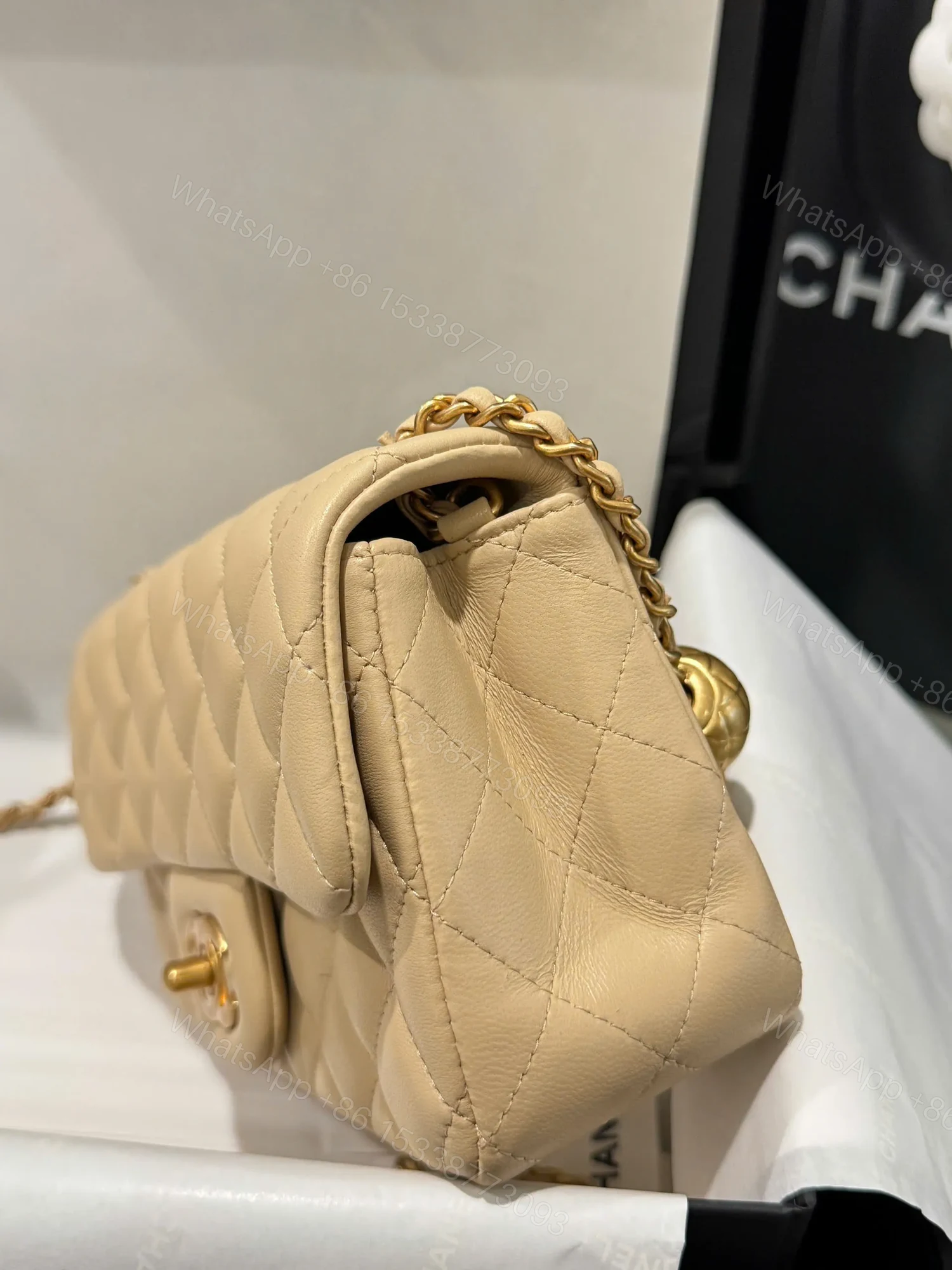 View 3 of Chanel Classic Bell Bag 11 Handbags Beige Leather Lock Gold 20cm