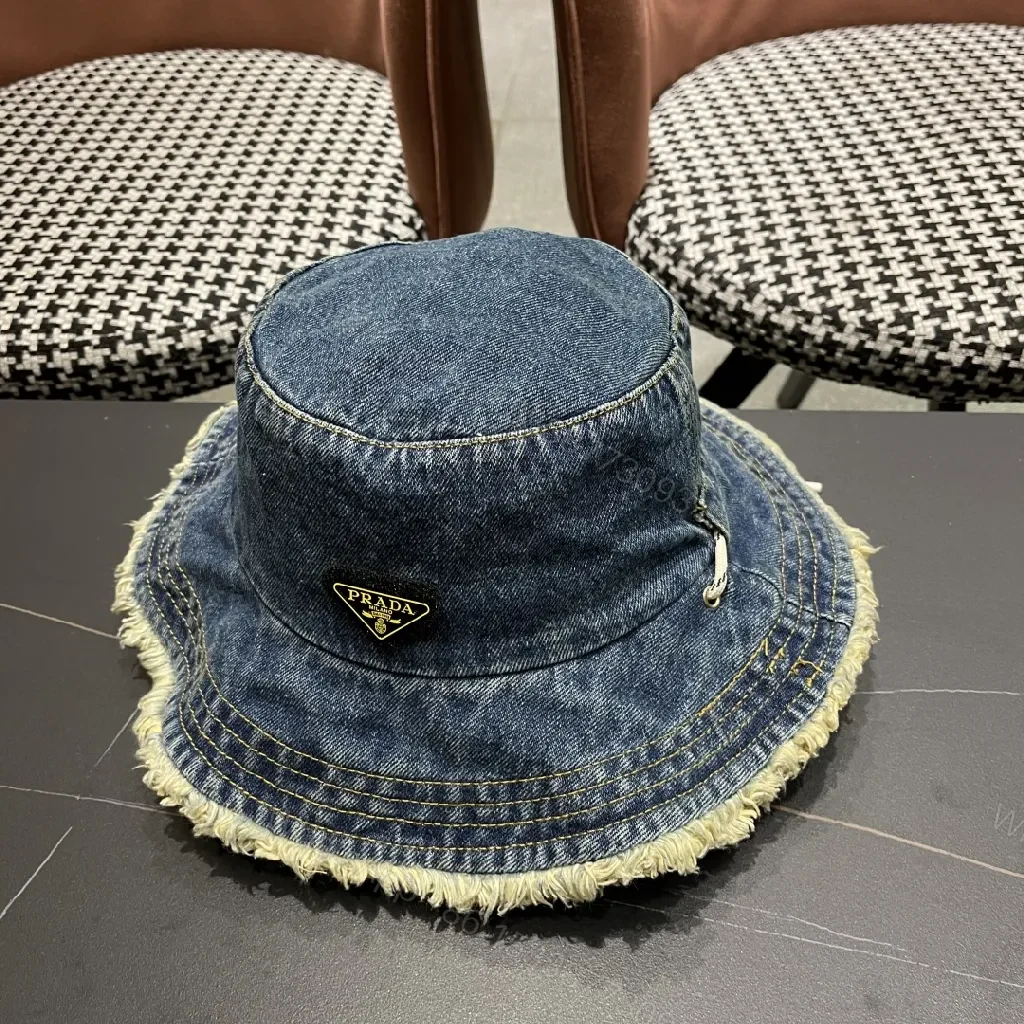 View 10 of Denim Bucket Hat + Distressed Edge + Modern Luxury + Subtle Prada-Inspired Badge + Hat