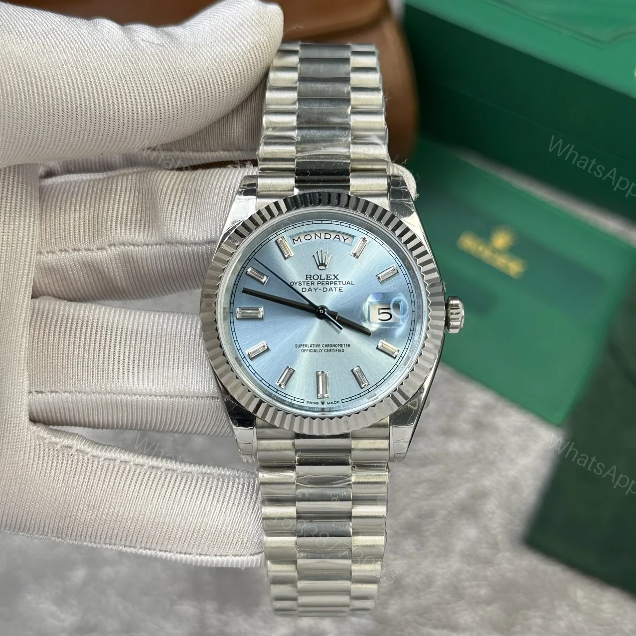 View 2 of Superclone Rolex Day-Date Ice Blue Diamond Dial 228236-0006 40 mm