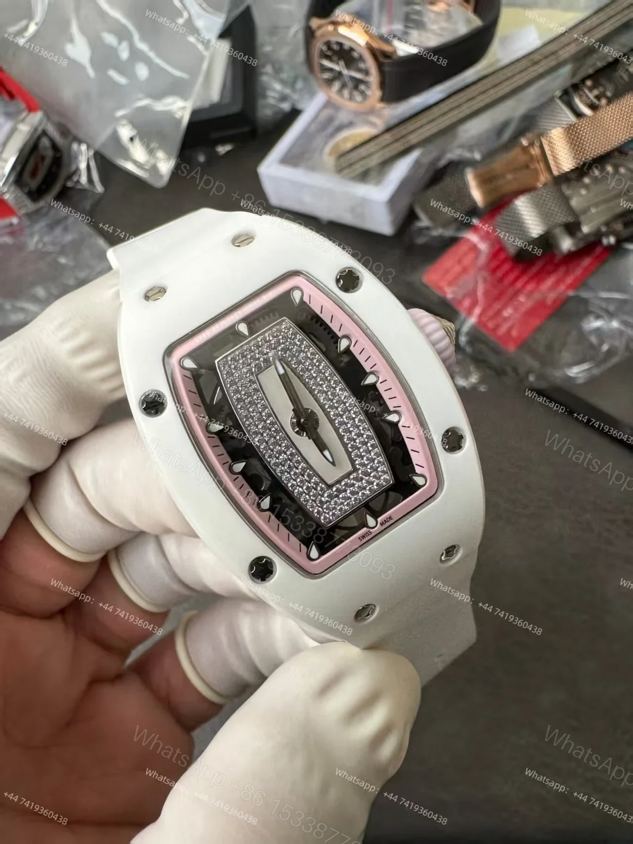 View 8 of Super Clone Richard Mille RM 07-01 White Ceramic Pink Diamond 1:1 Replica Watch