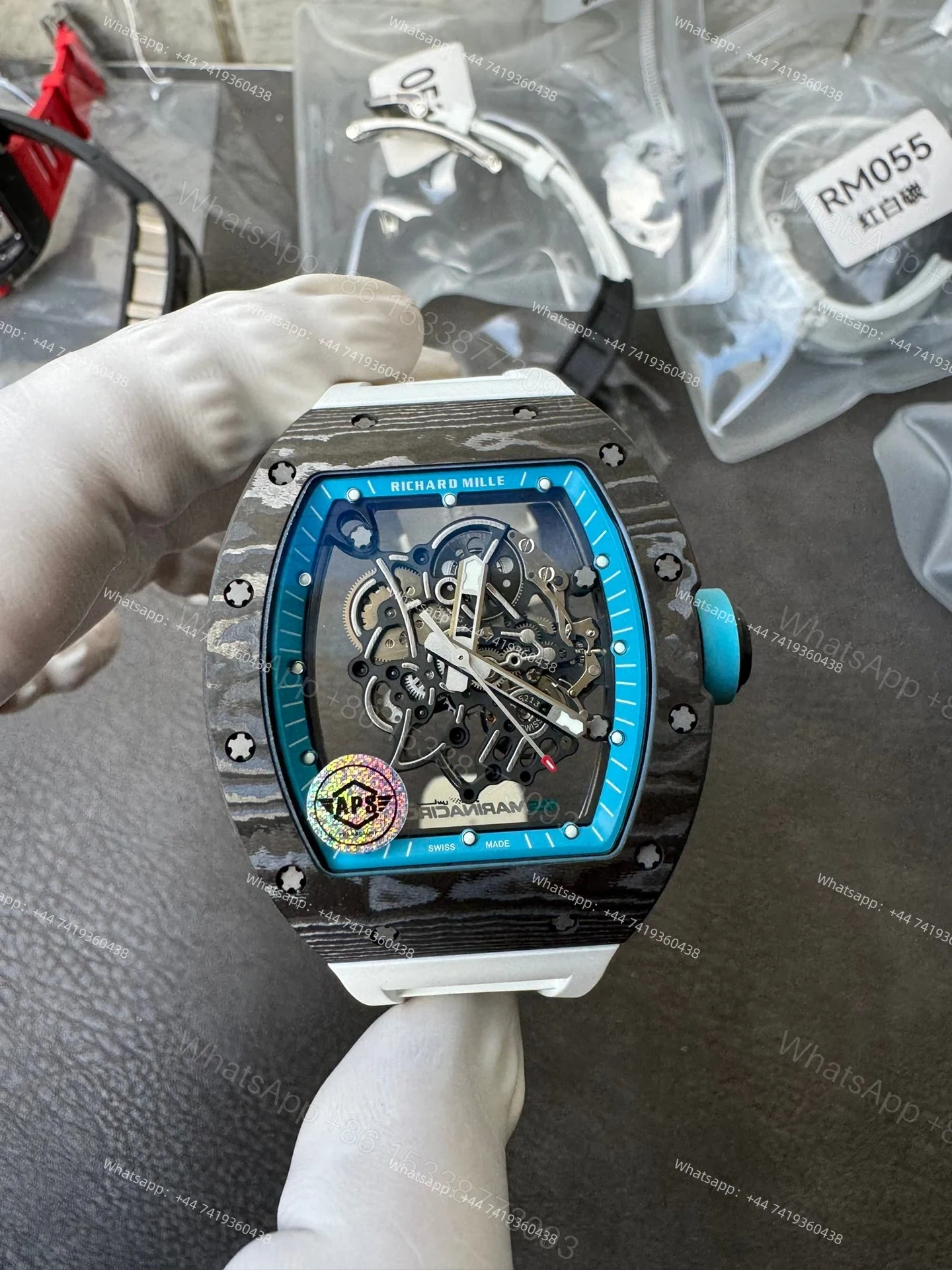 View 8 of Super Clone Richard Mille RM 055 Carbon TPT Blue Inner Bezel White Rubber Strap 1:1 Replica Watch