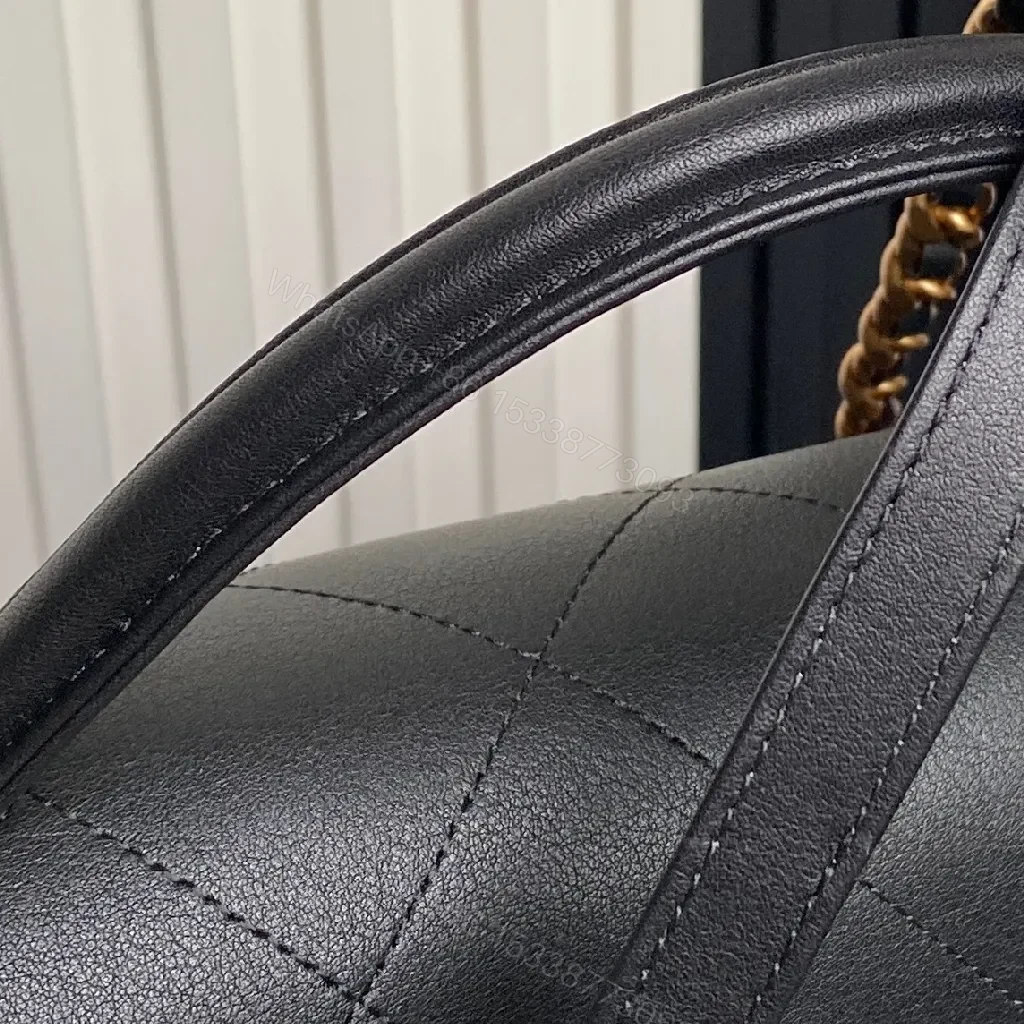 View 9 of Chic Black Quilted Flap Bag with Gold Logo