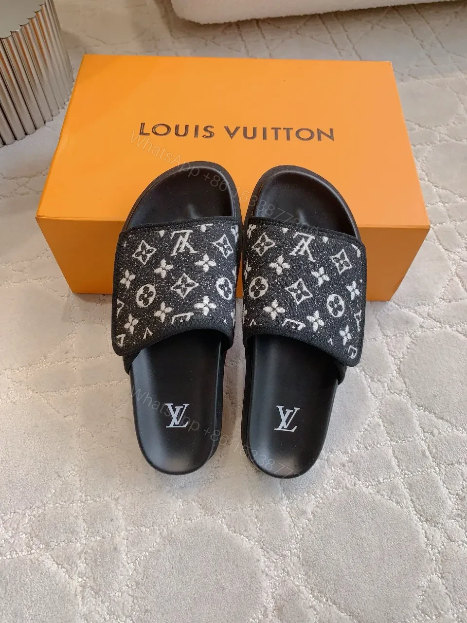 View 5 of Monochrome LV-Pattern Slides: Luxury Comfort for All-Day Wear