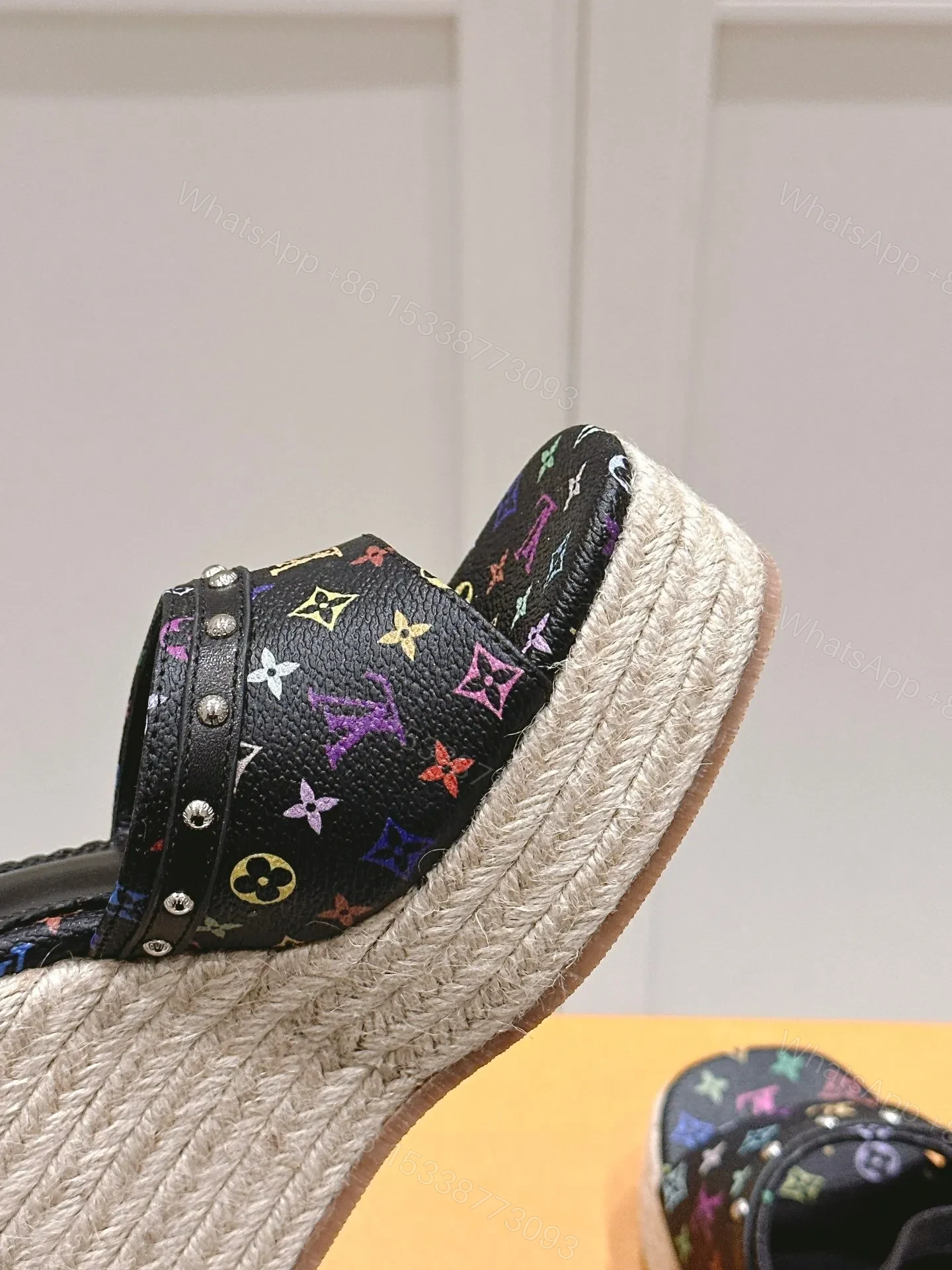 View 2 of LV Women Black Leather Espadrille Wedge Sandals