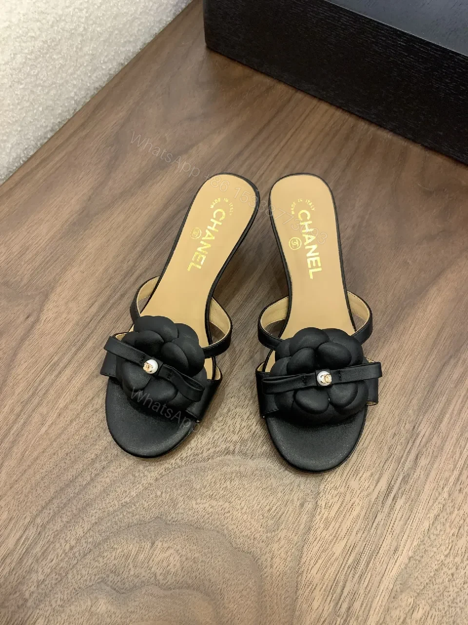 Black Satin Slide with Floral Appliqué, Luxe Casual Slide — view 1