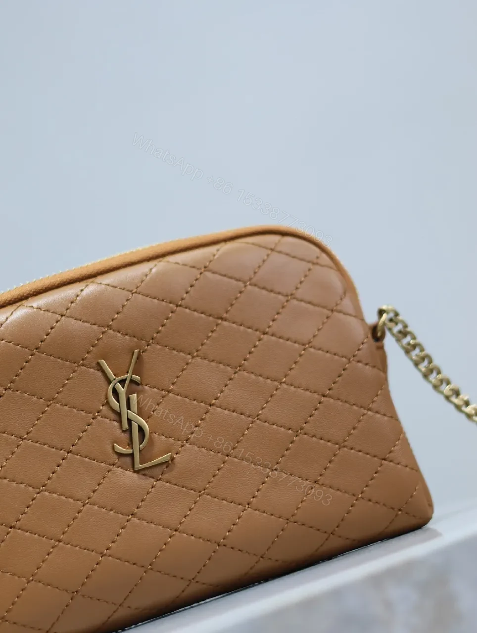 View 9 of Compact Tan Quilted Bag: Crossbody, Gold Hardware, Luxe Style