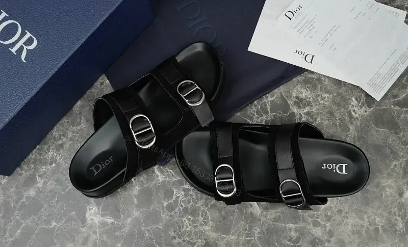 Black Leather Double-Buckle Sandals, Dior Style, Slide Sandal — view 1