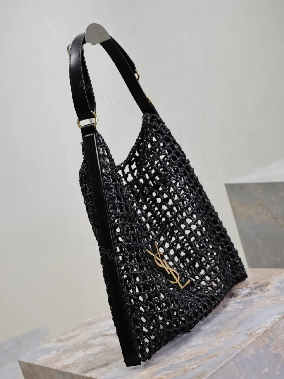 View 5 of Open-Knit Mesh Tote: Black Leather, Gold Monogram, Luxe Style