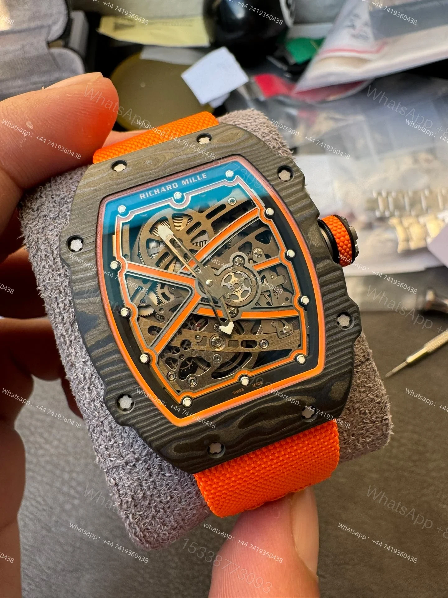 View 3 of Super Clone Richard Mille RM67-02 Carbon TPT Skeleton Tourbillon 1:1 Replica Watch with Orange Strap
