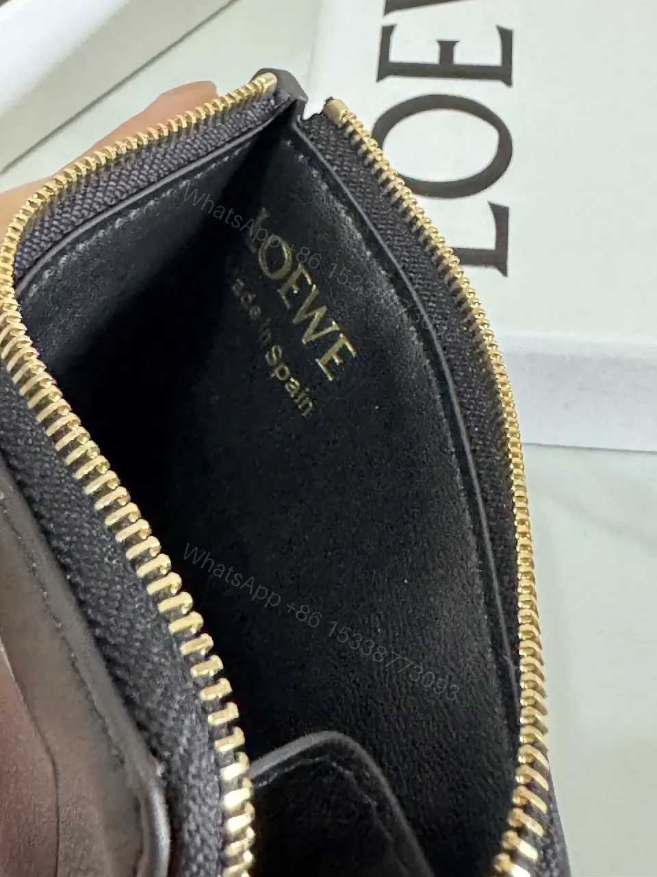View 4 of Black Leather Color-Block Card Wallet with Gold Zipper and LOEWE Logo