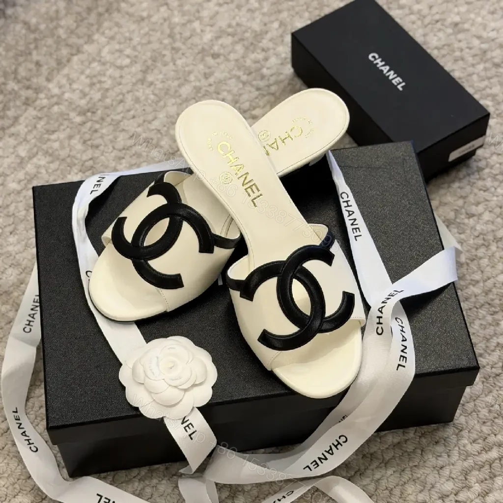 View 8 of Beige Leather Slides Black Logo Chanel Style Sandals