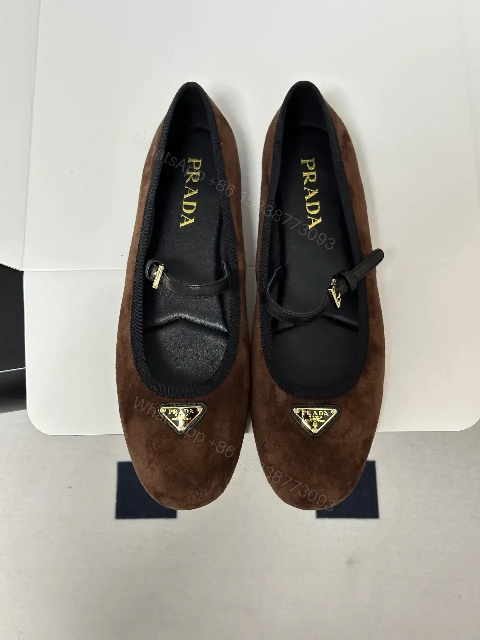 View 10 of Brown Suede Mary Jane Flats Black Trim Classic Prada-Style Logo Shoe