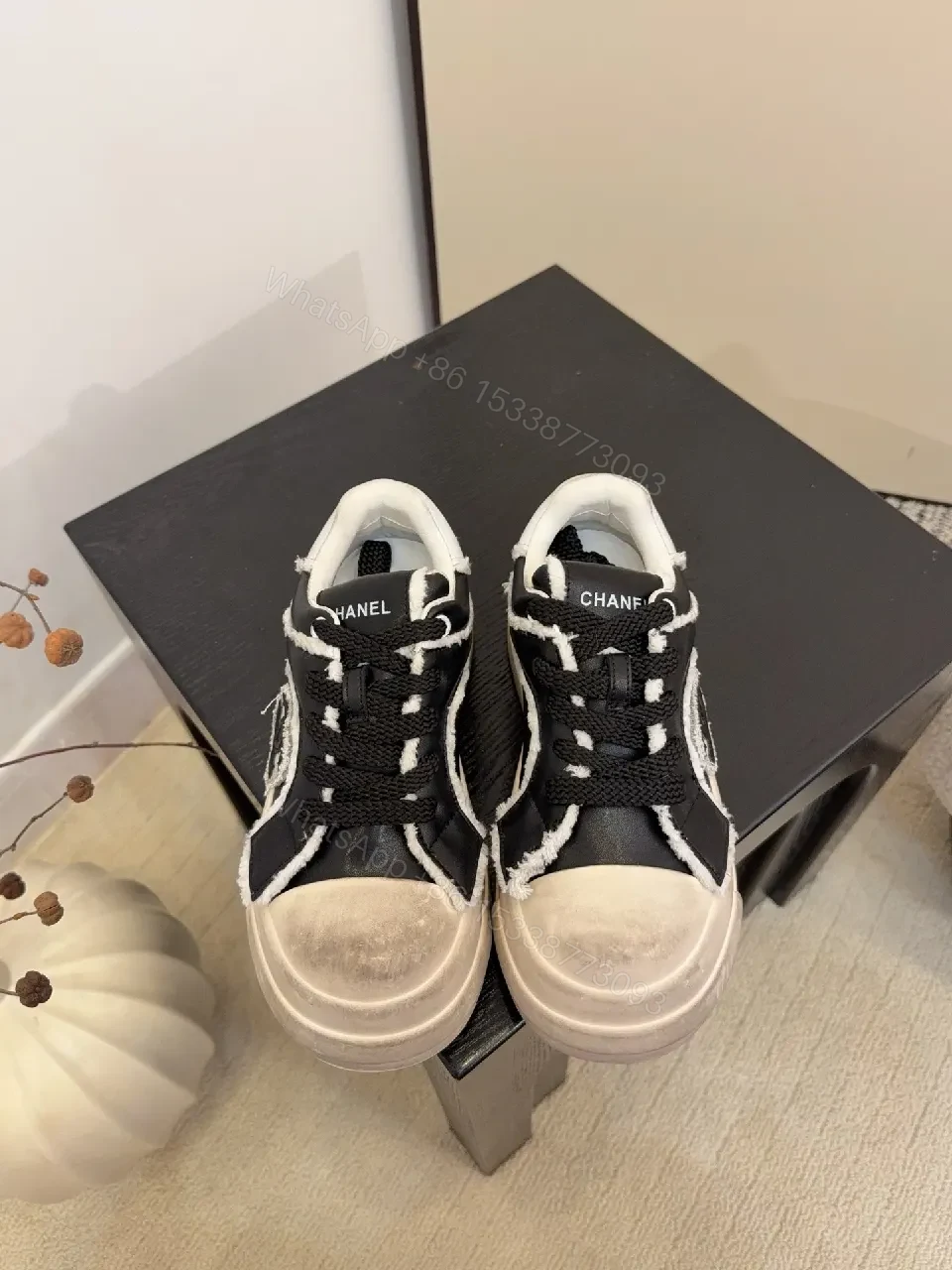 View 2 of Distressed High-Top Leather Sneaker with Bold Stitching Edge