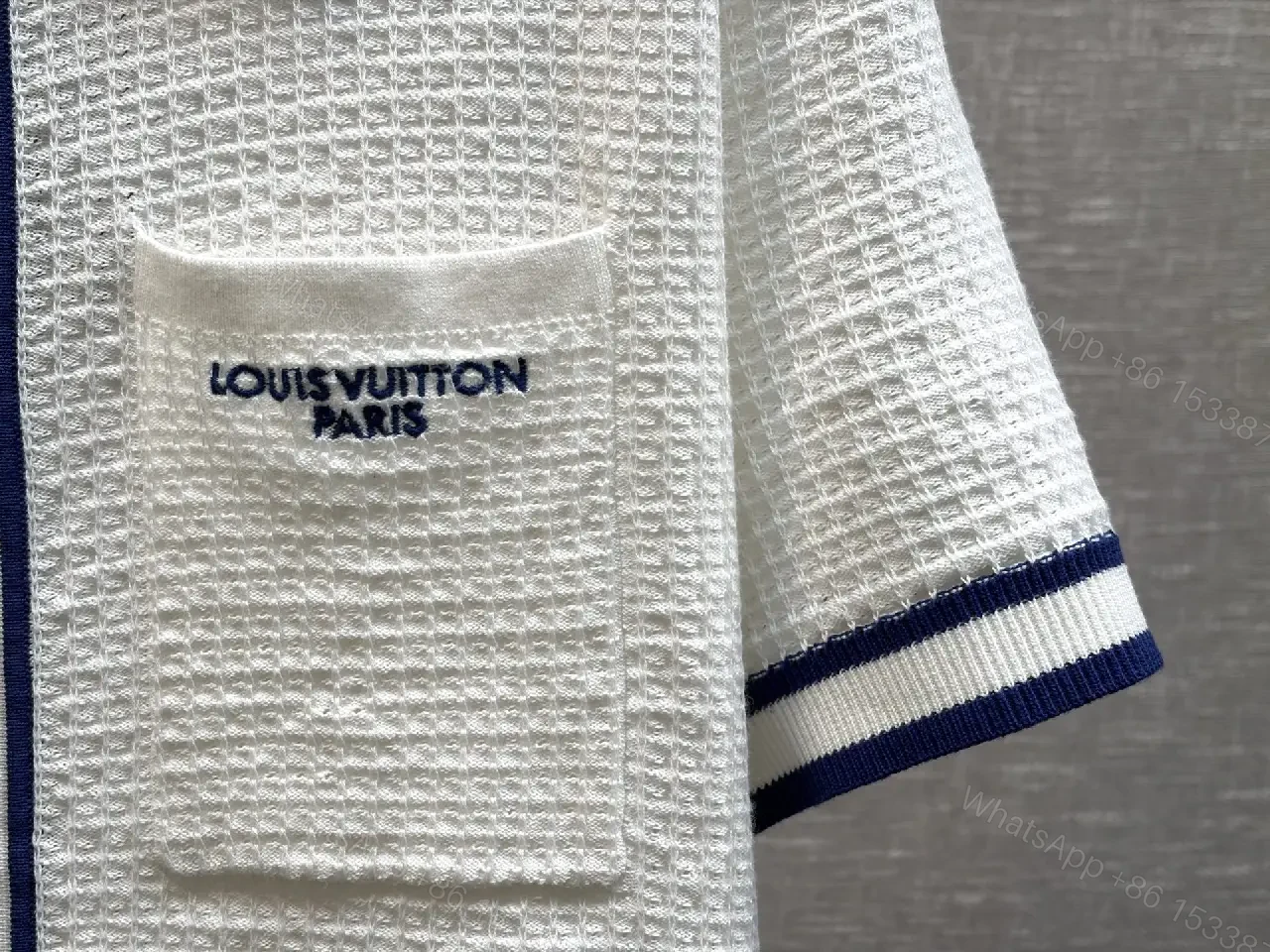 View 9 of White Knit Polo Shirt Blue Trim Louis Vuitton Style Key Pocket Polo Shirt