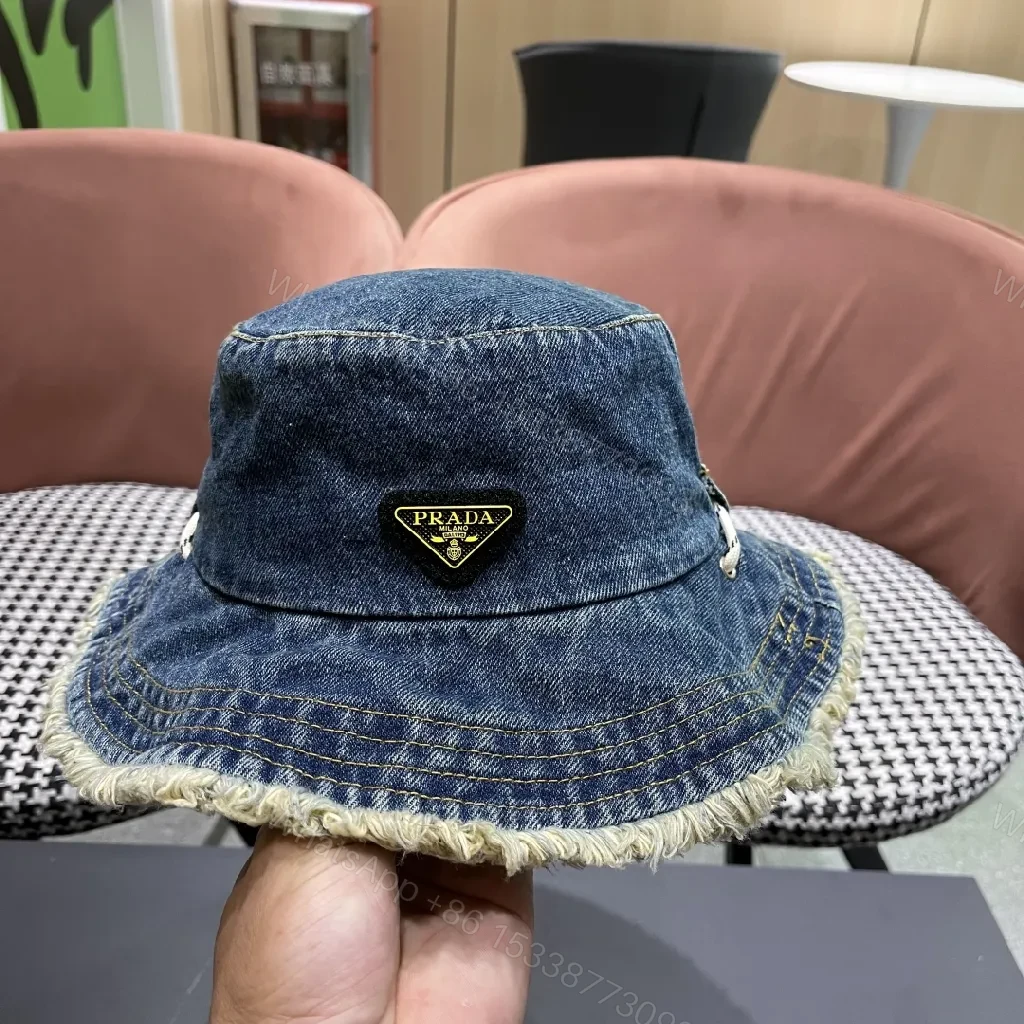 View 9 of Denim Bucket Hat + Distressed Edge + Modern Luxury + Subtle Prada-Inspired Badge + Hat