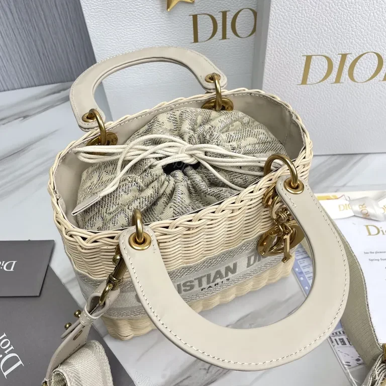 View 7 of Christian Dior Wicker Basket Bag - Ivory Leather Trim, Gold Hardware, Crossbody