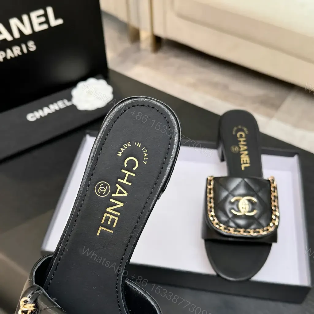 View 3 of Black Calfskin Mules with Gold Chain Link Accent - Open-Toe Block Heel