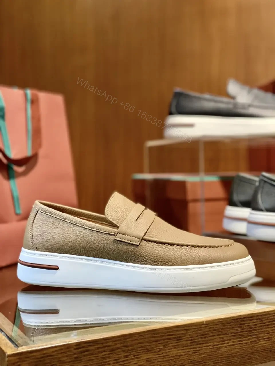 View 5 of Beige Leather Slip-On Loafers Plug-Top Comfort Shoes
