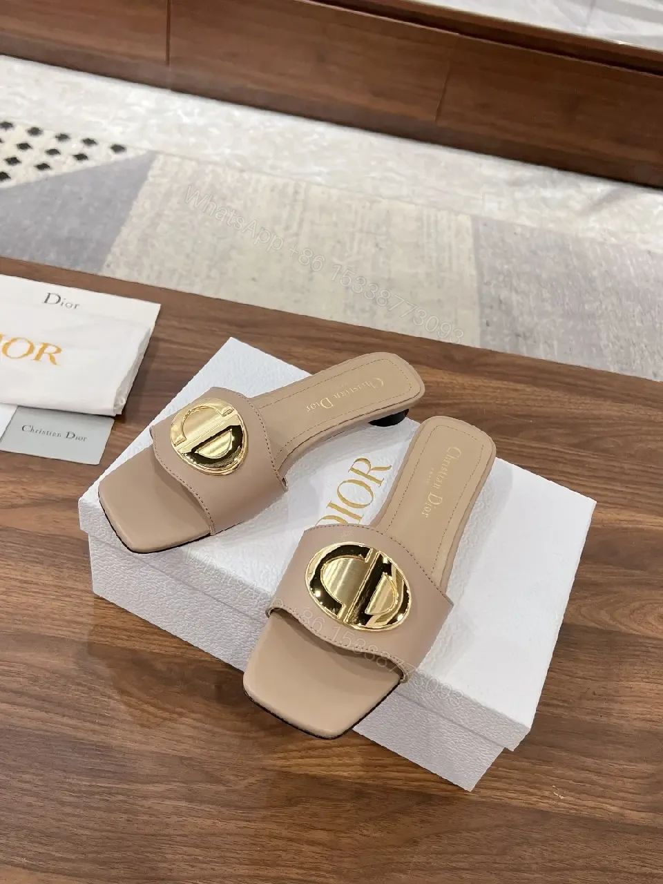 View 7 of Beige Leather Slide Sandals with Gold Logo Buckle, Dior Style