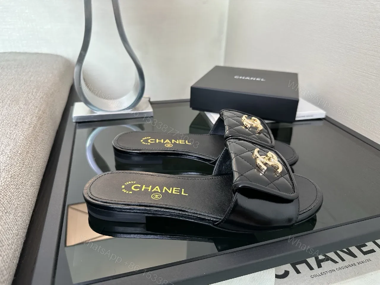 View 2 of Black Quilted Slide with Gold Logo — Luxe Comfort Slide