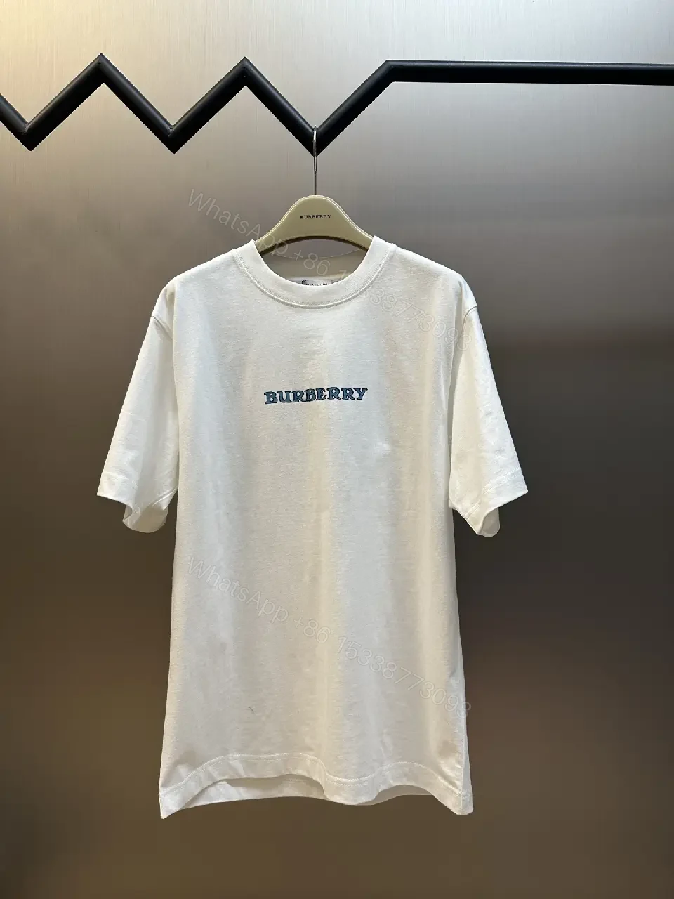 View 4 of White Plain Knit Cotton Oversized T-shirt Burberry Logo Chest T-shirt