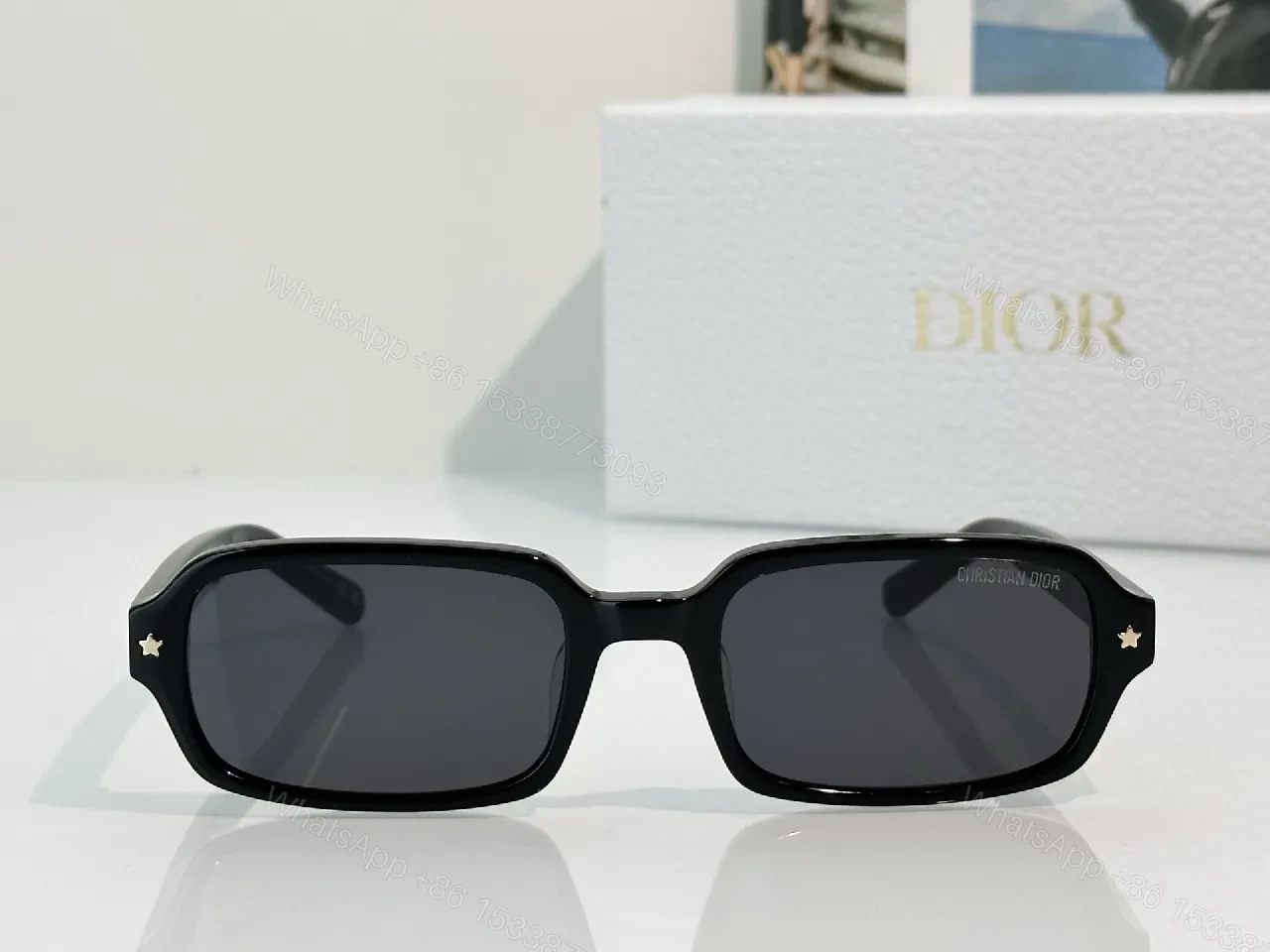 View 6 of Black Acetate Square Sunglasses with Gold Star Accents