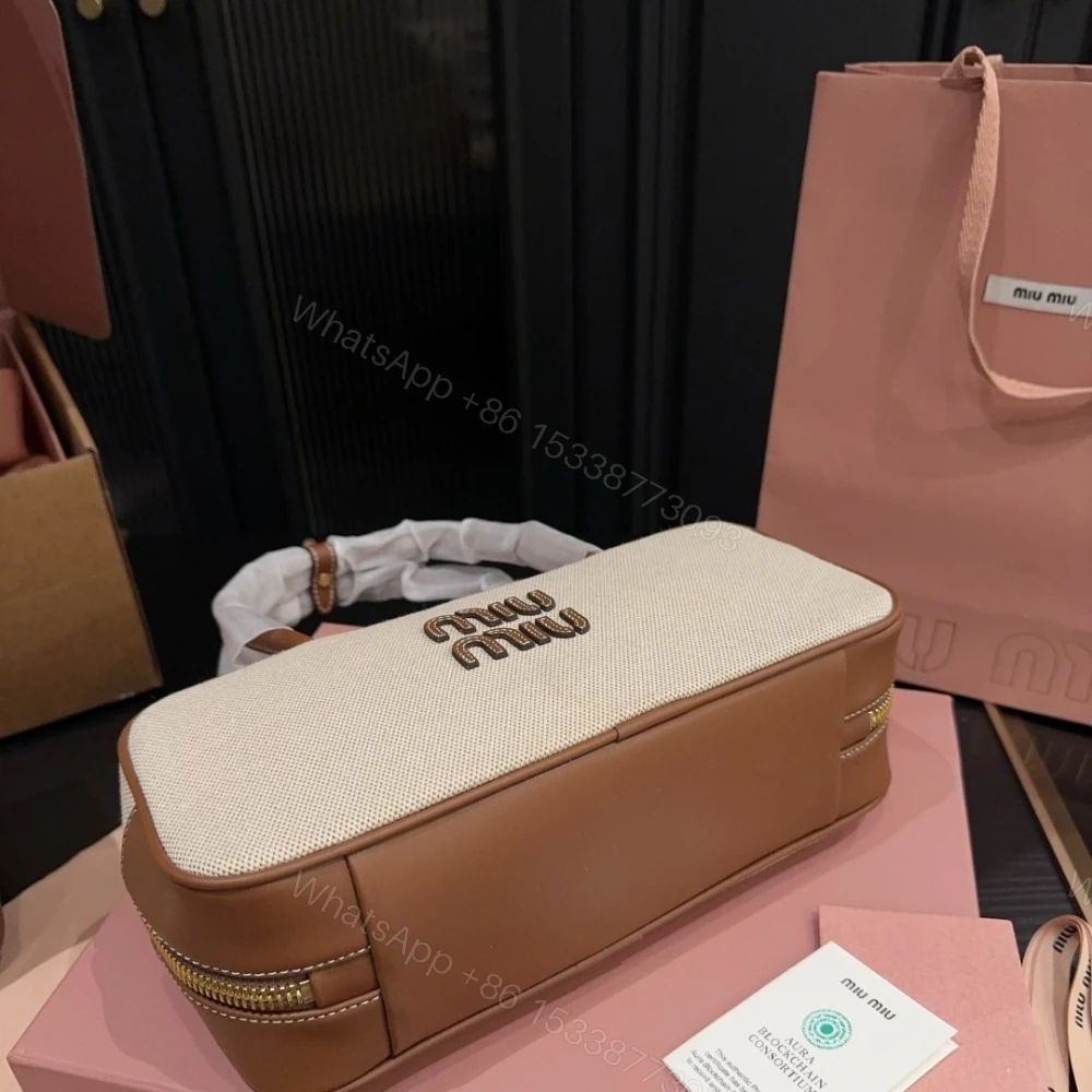 View 5 of MIUMIU BEAU CANVAS BAG BEIGE AND BRANDY 28CM 5BB173 ACRN F062F V OWM