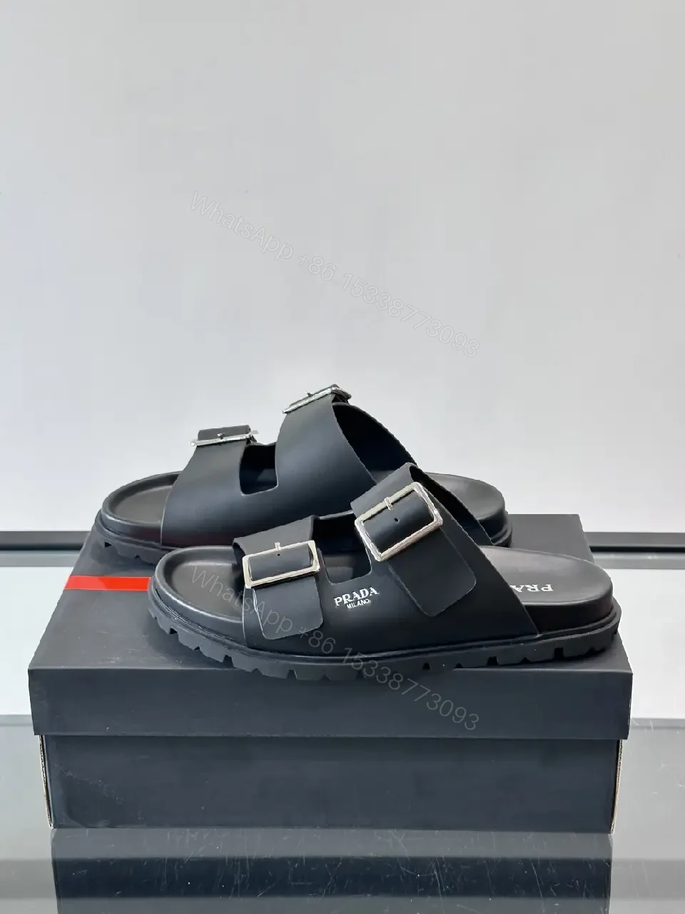 View 3 of Black Leather Double-Buckle Sandals — Prada Style Sliders
