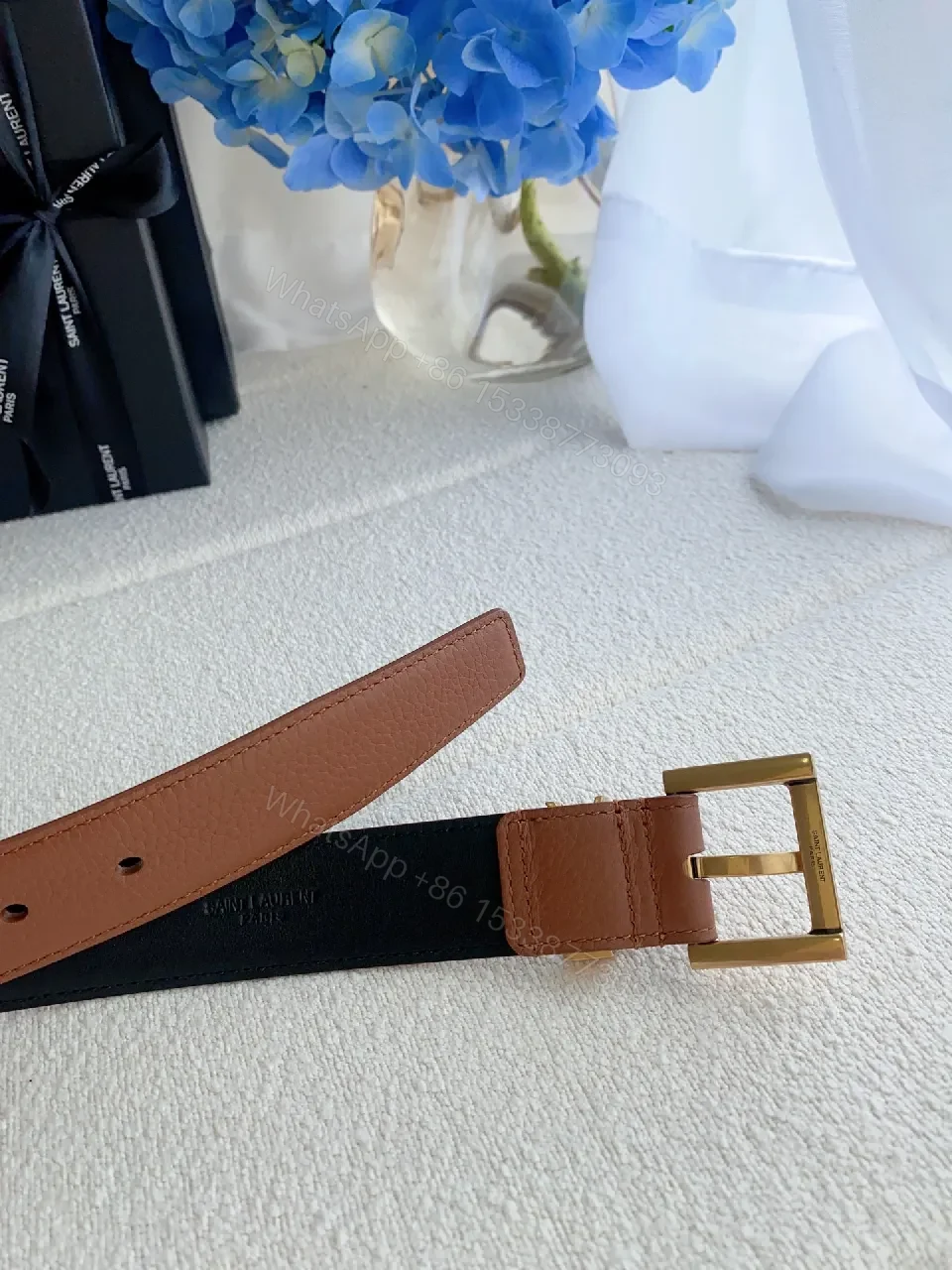 View 3 of Brown Leather Belt Gold Buckle: Designer-Inspired, Luxury Finish