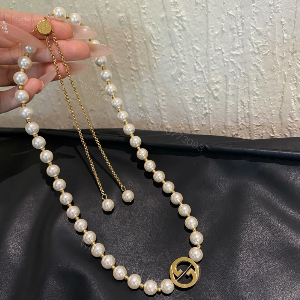 View 3 of Gucci Interlocking Pearl Necklace Gold
