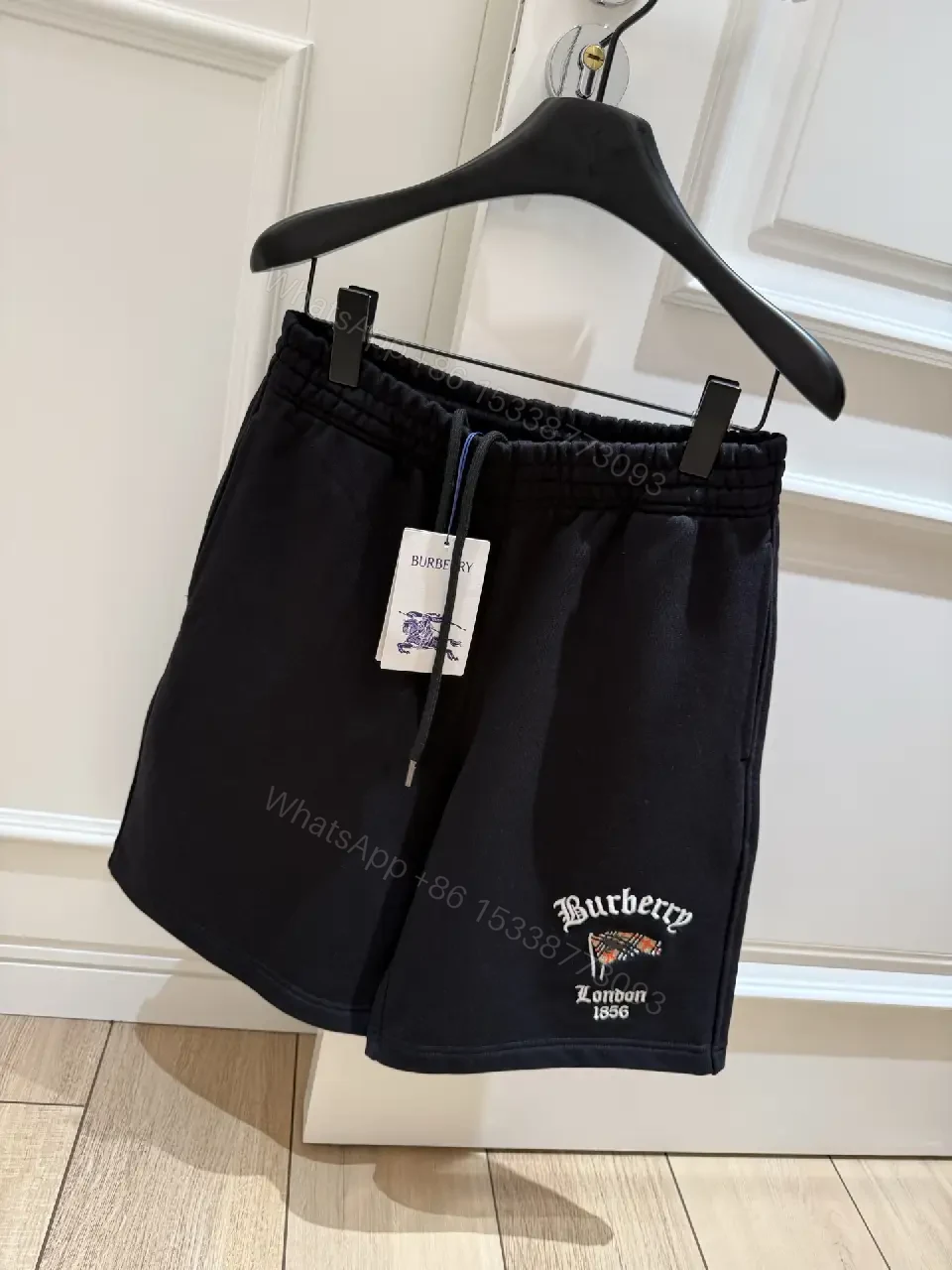 View 8 of Black Nylon Sweatshorts Drawstring Burberry Style Logo Embroidery Shorts