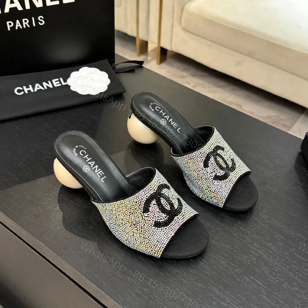 View 4 of Black Crystal-Embellished Satin Chanel Mules