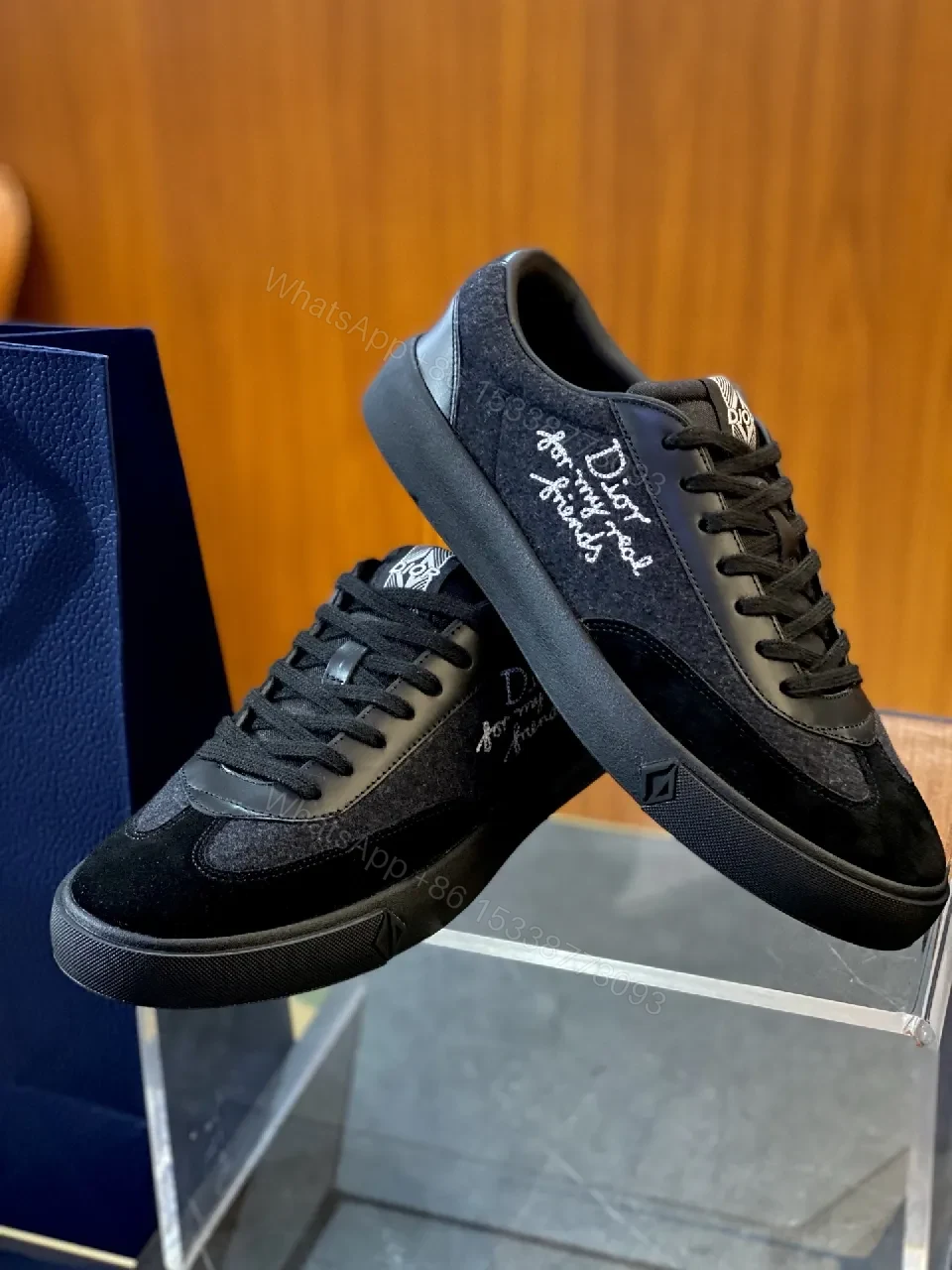 View 3 of Navy Suede Leather High-Top Sneakers with Subtle Detail