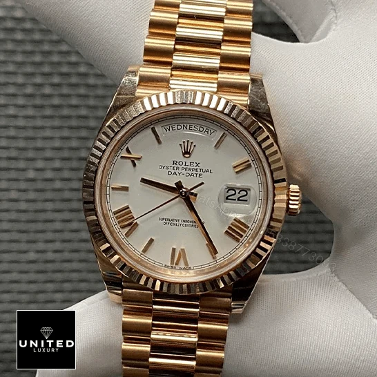 View 8 of Rolex Day-Date 228235 KW Rose Gold White Dial Replica