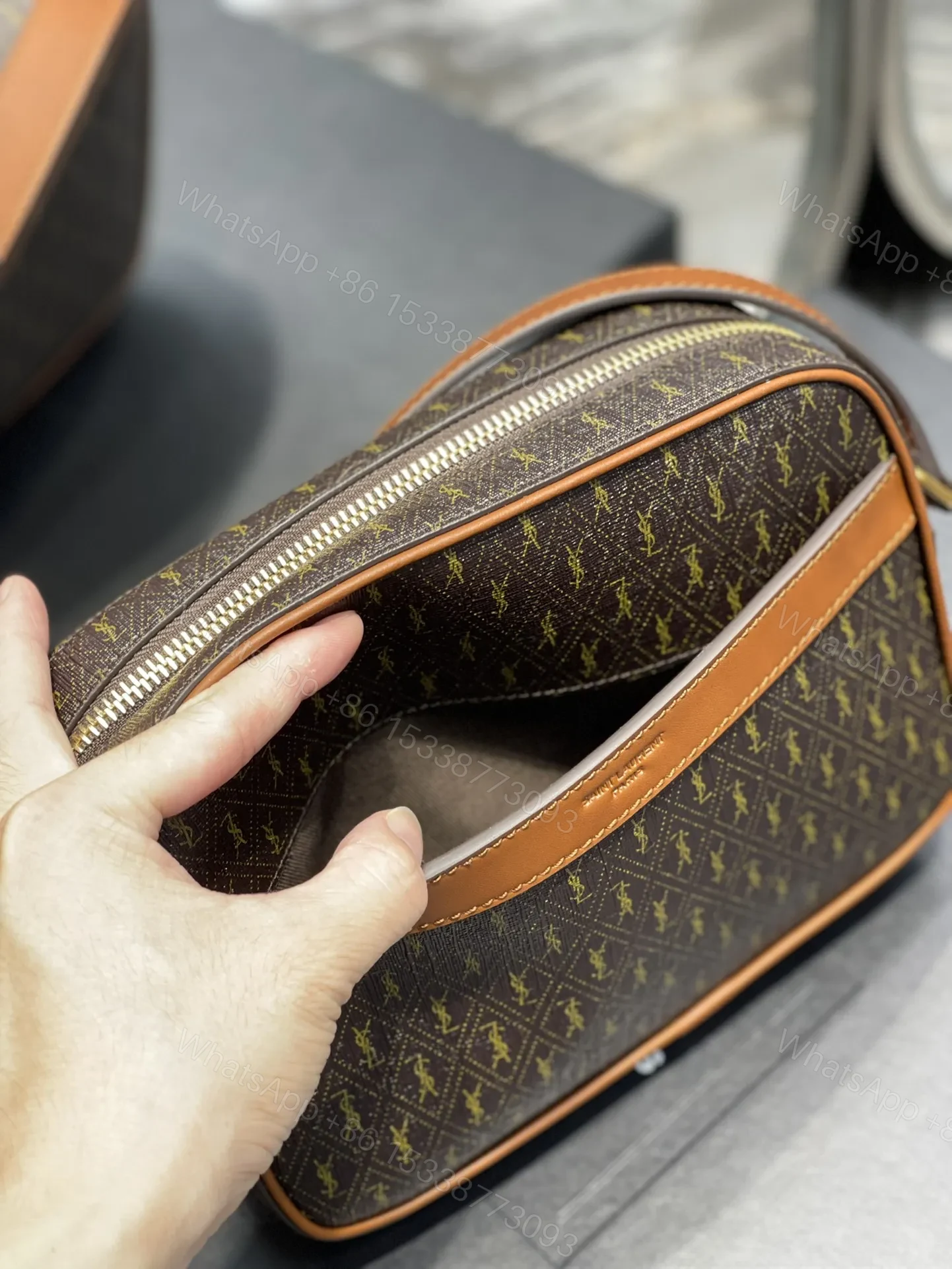 View 2 of Saint Laurent Canvas Smooth Calfskin Le Monogramme Camera Bag Chestnut