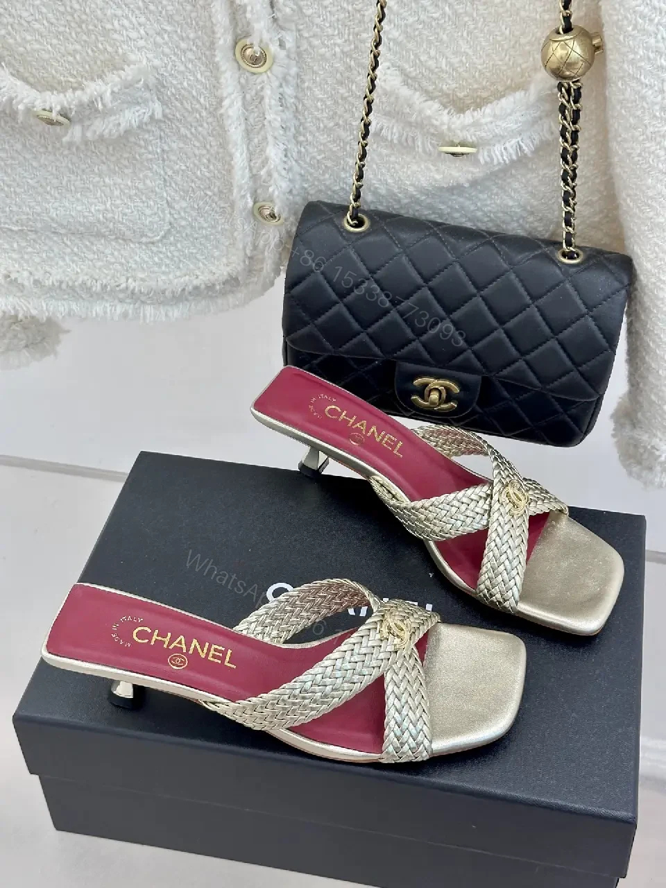 View 8 of Pink Red Metallic Sandal Signature Twist Chanel Shoes