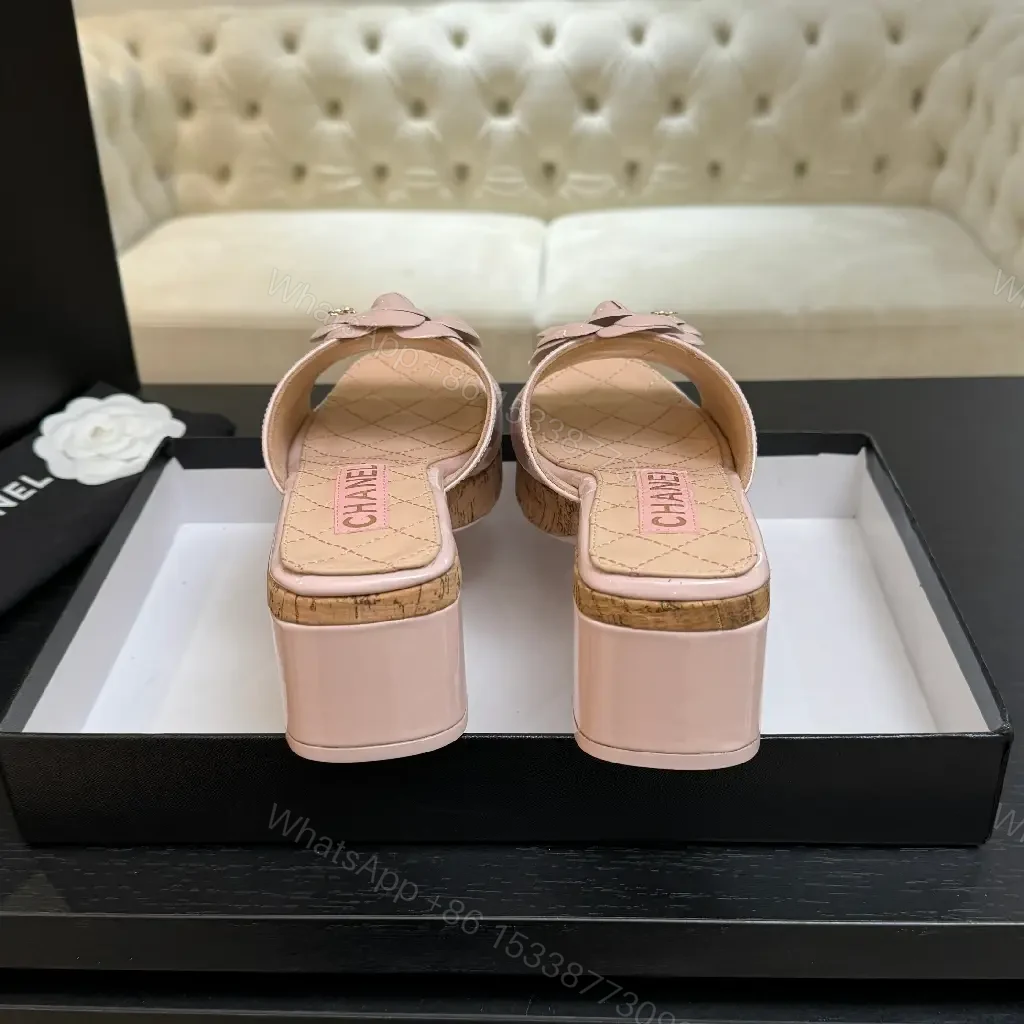 View 6 of Pink Quilted Slide Sandals with Floral Cork Platform